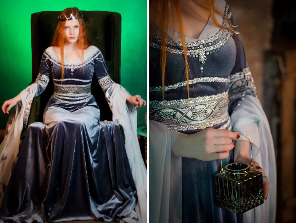 Fantasy elven silver gray Arwen wedding velvet dress