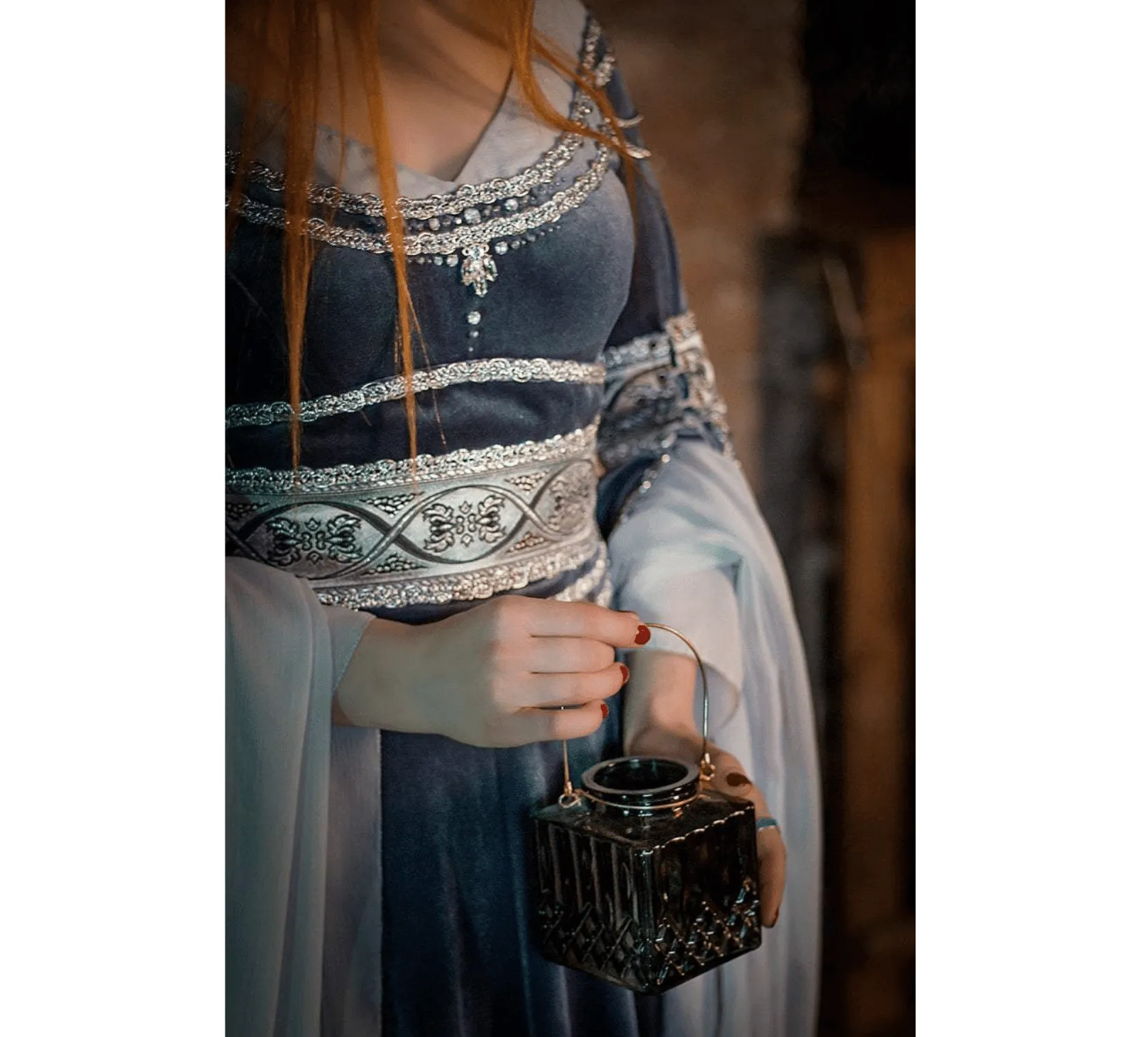 Fantasy elven silver gray Arwen wedding velvet dress