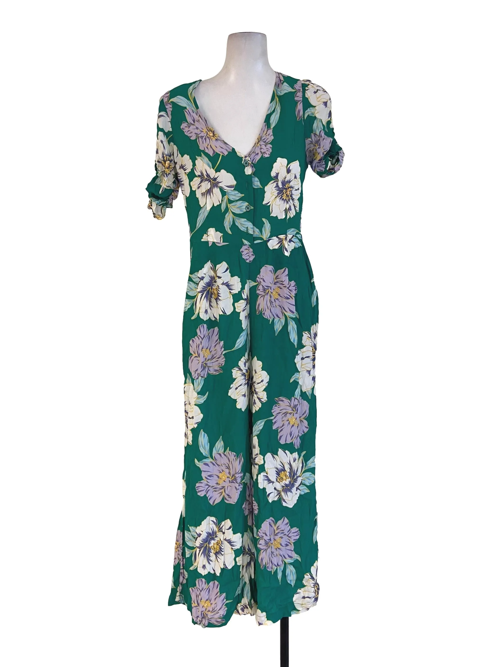 Fern Green Flower Stretchable Sleeve Jumpsuits