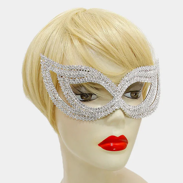 Frances Double Cluster Cat Eye Crystal Masquerade Mask |  AB Crystal | Silver