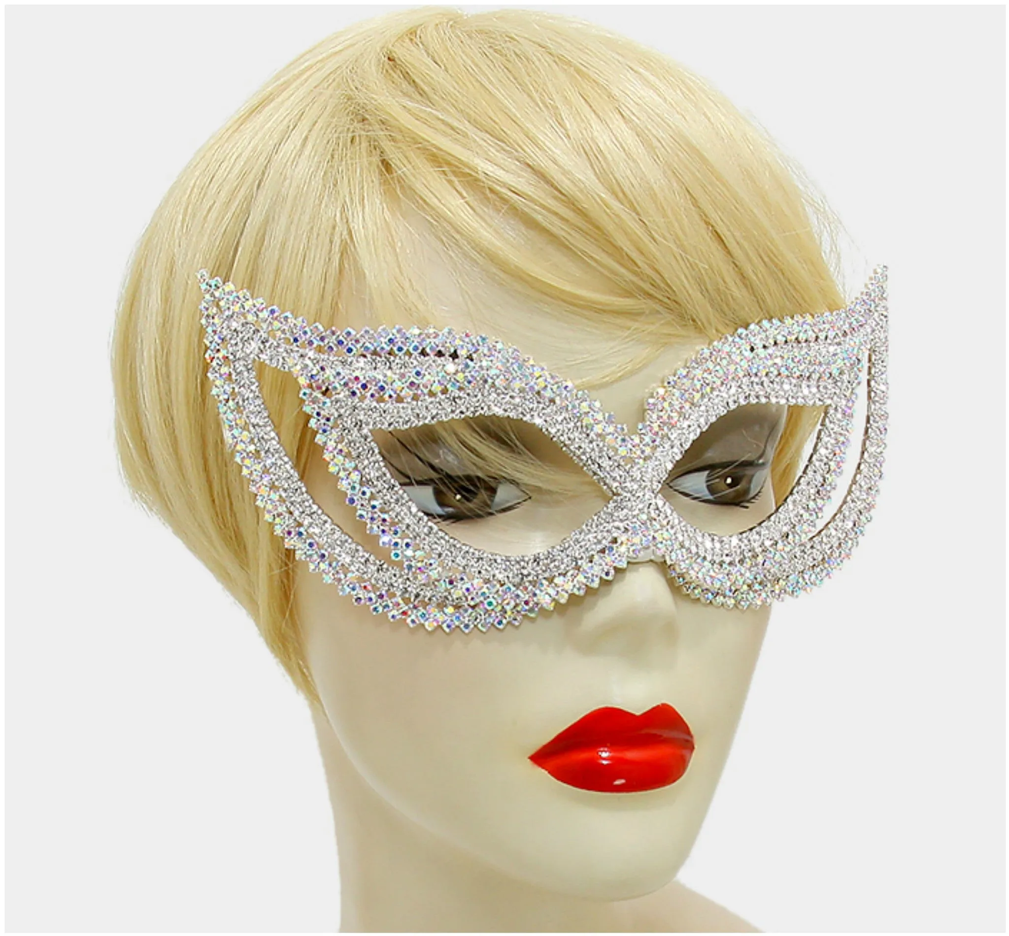 Frances Double Cluster Cat Eye Crystal Masquerade Mask |  AB Crystal | Silver