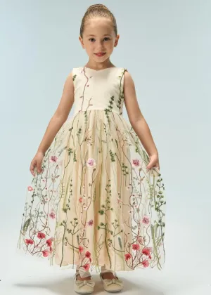 Garden Embroidered Tulle Satin Girl Dress in Ivory