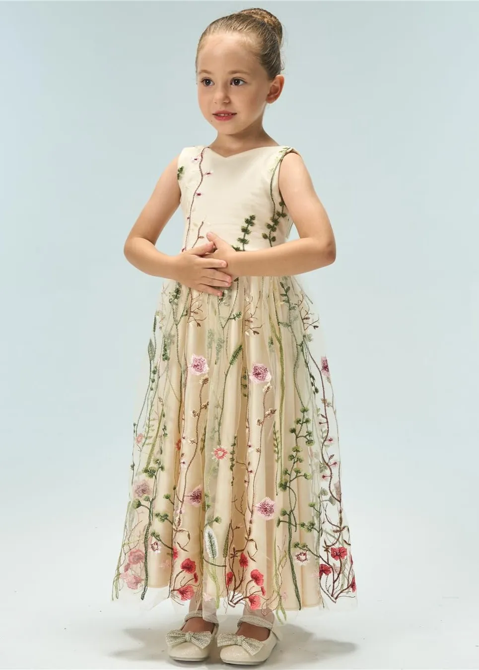 Garden Embroidered Tulle Satin Girl Dress in Ivory