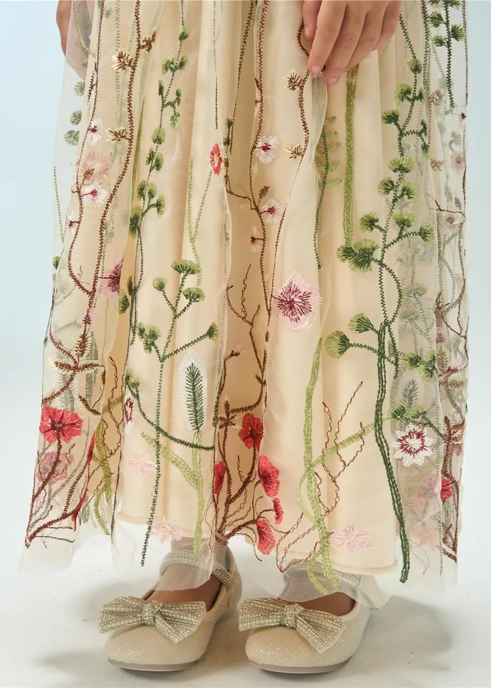 Garden Embroidered Tulle Satin Girl Dress in Ivory