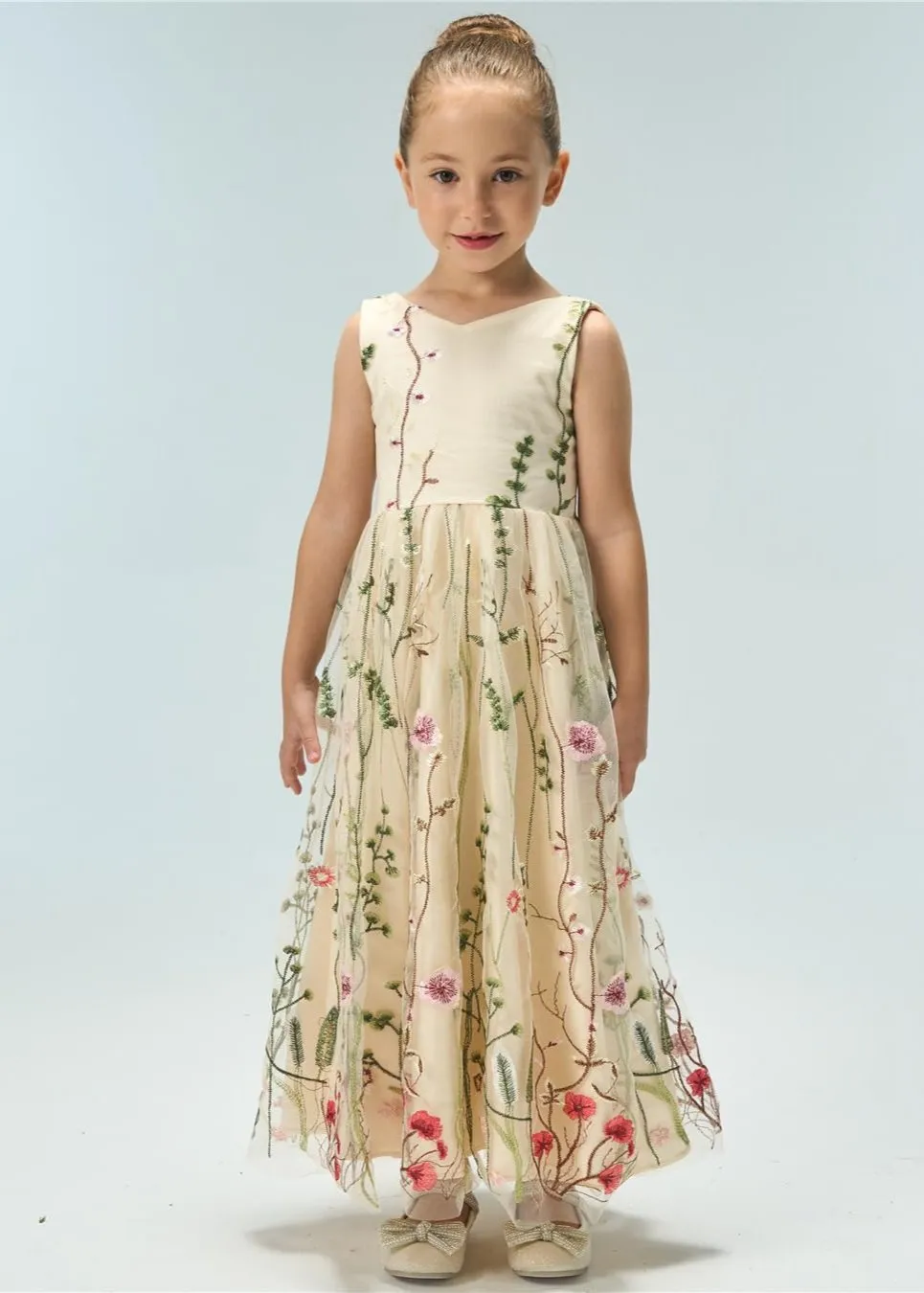 Garden Embroidered Tulle Satin Girl Dress in Ivory
