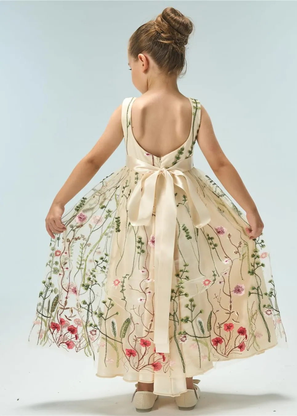 Garden Embroidered Tulle Satin Girl Dress in Ivory