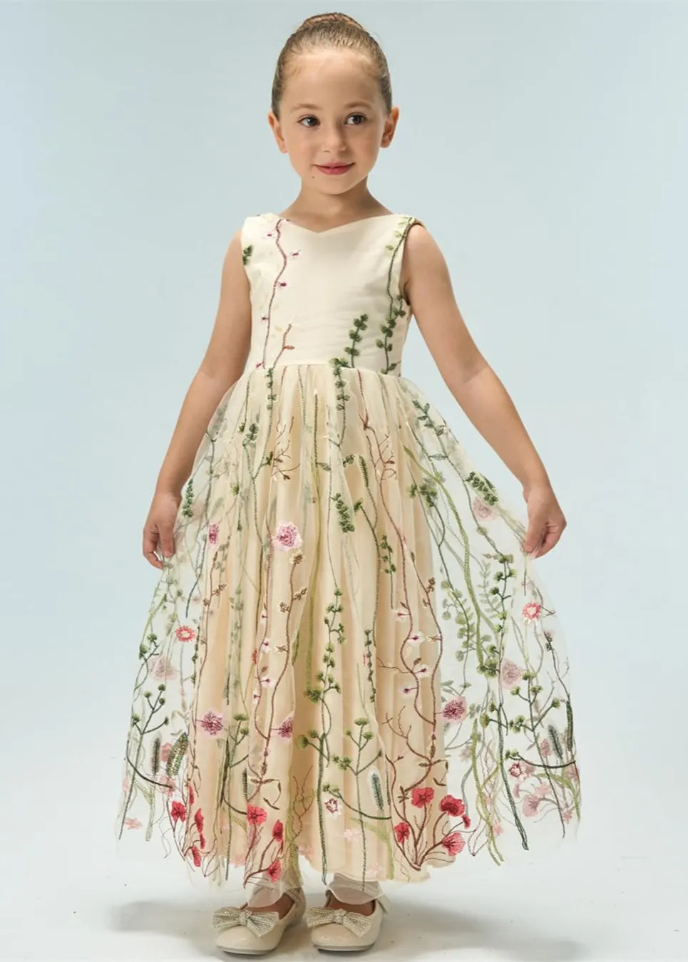 Garden Embroidered Tulle Satin Girl Dress in Ivory