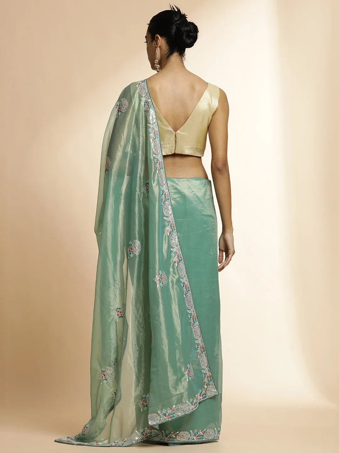 Golden Net Party Wear Sequin Work Green Saree