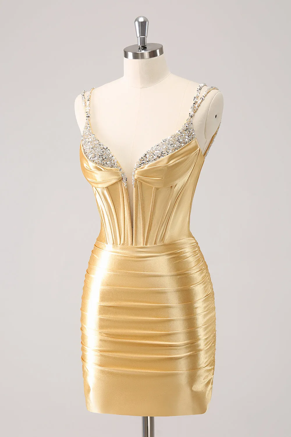 Gorgeous Golden Bodycon Corset Short Homecoming Dress with Sequins