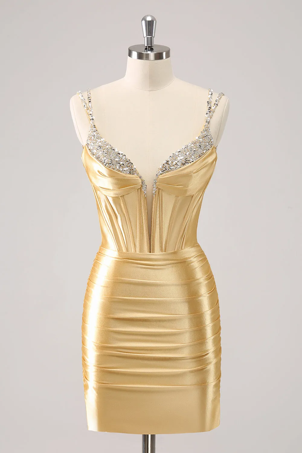 Gorgeous Golden Bodycon Corset Short Homecoming Dress with Sequins