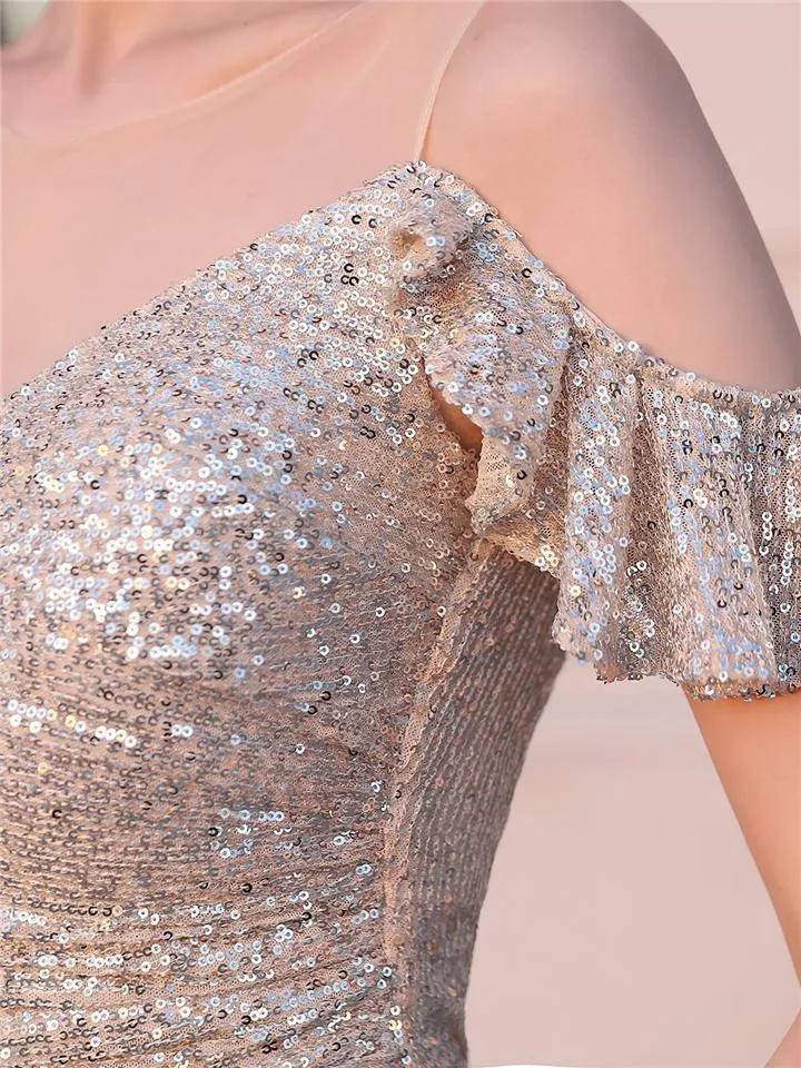 Gorgeous Shiny Sequins High-Low Ruffle Hem Dress For Party