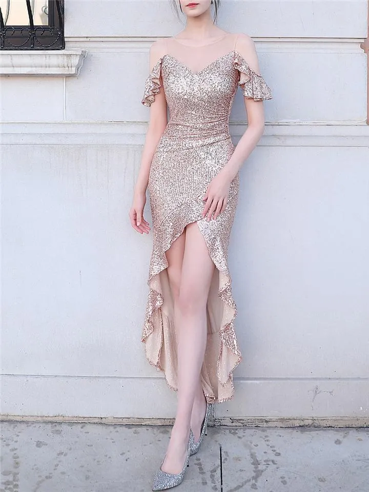 Gorgeous Shiny Sequins High-Low Ruffle Hem Dress For Party