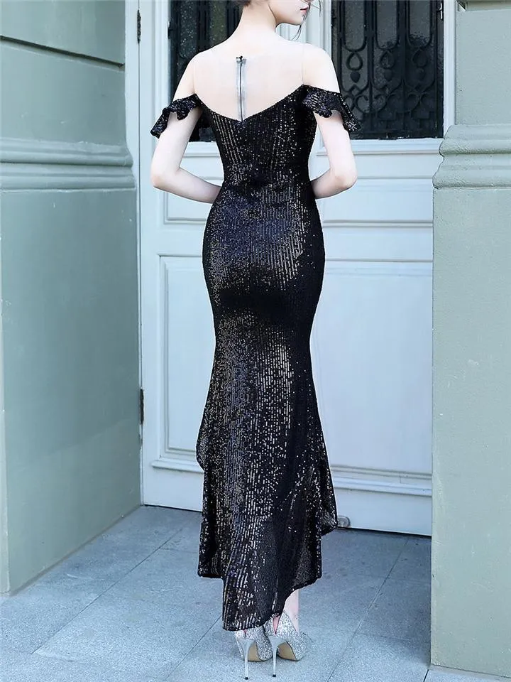 Gorgeous Shiny Sequins High-Low Ruffle Hem Dress For Party