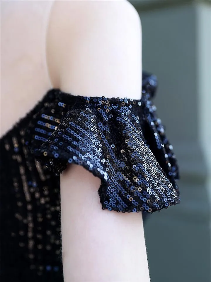 Gorgeous Shiny Sequins High-Low Ruffle Hem Dress For Party