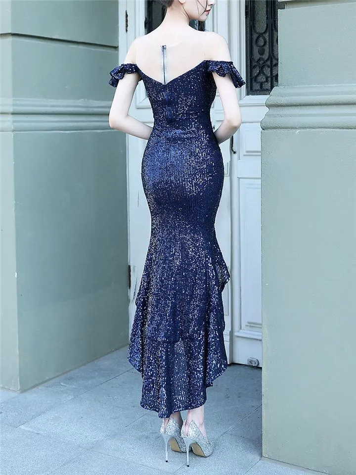 Gorgeous Shiny Sequins High-Low Ruffle Hem Dress For Party