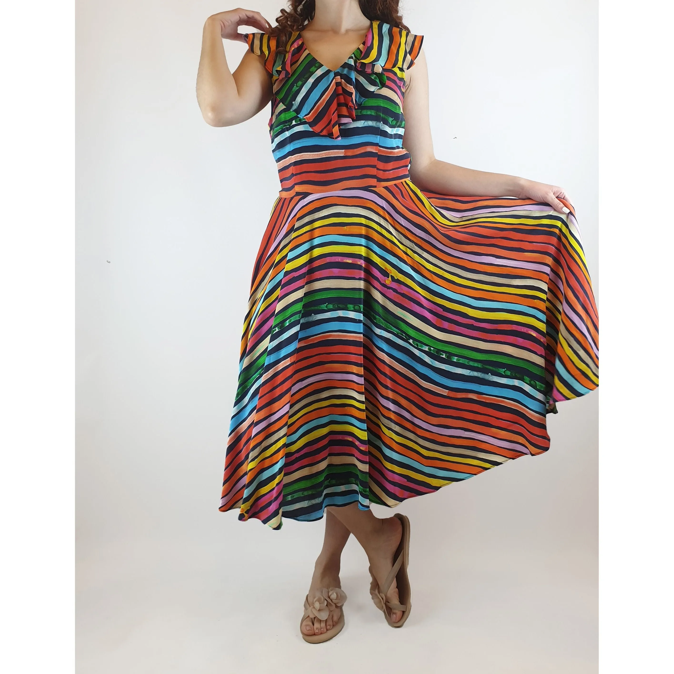 Gorman x Khindah Khalidy Stunning silk mix colourful striped sleeveless dress size 10