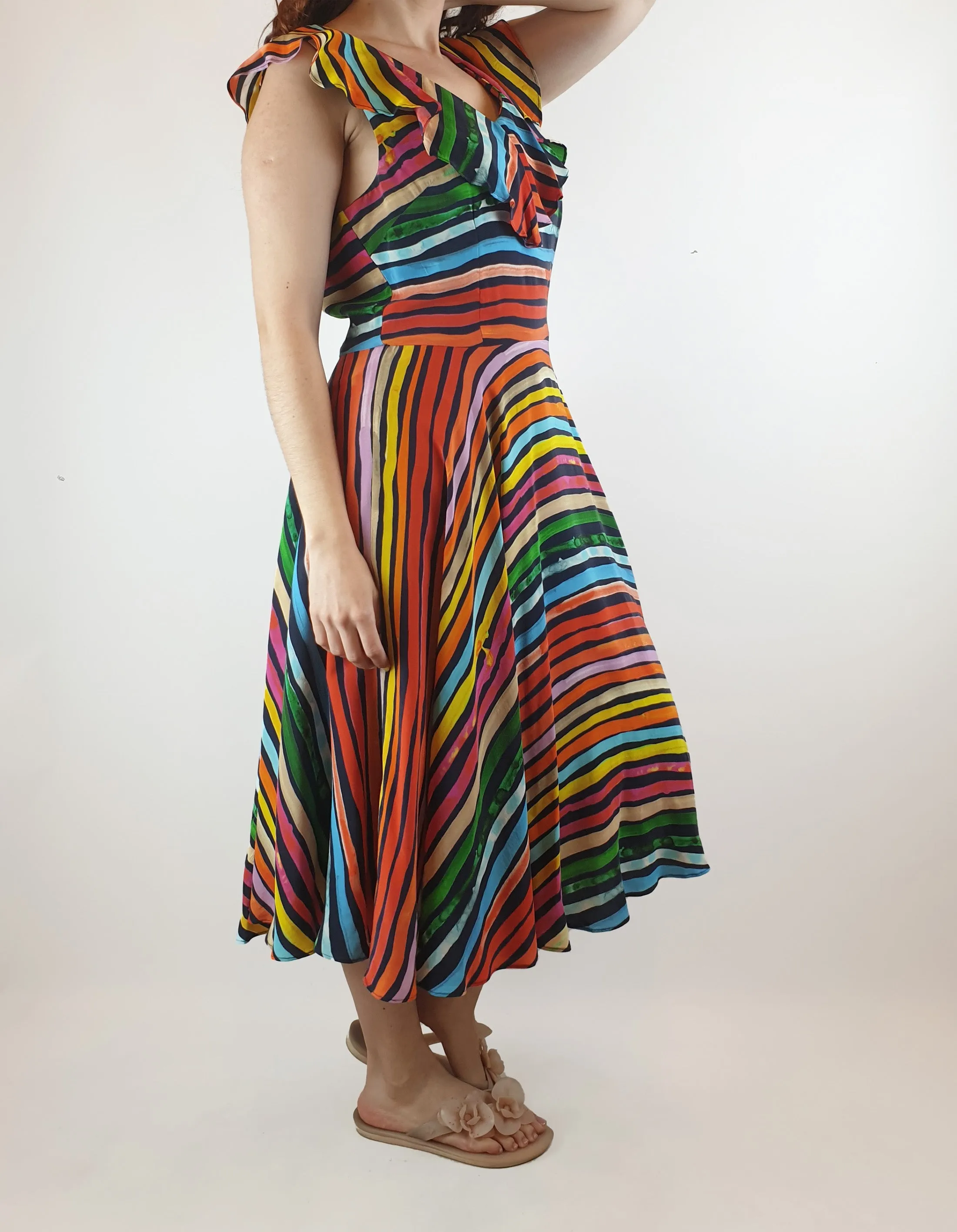 Gorman x Khindah Khalidy Stunning silk mix colourful striped sleeveless dress size 10