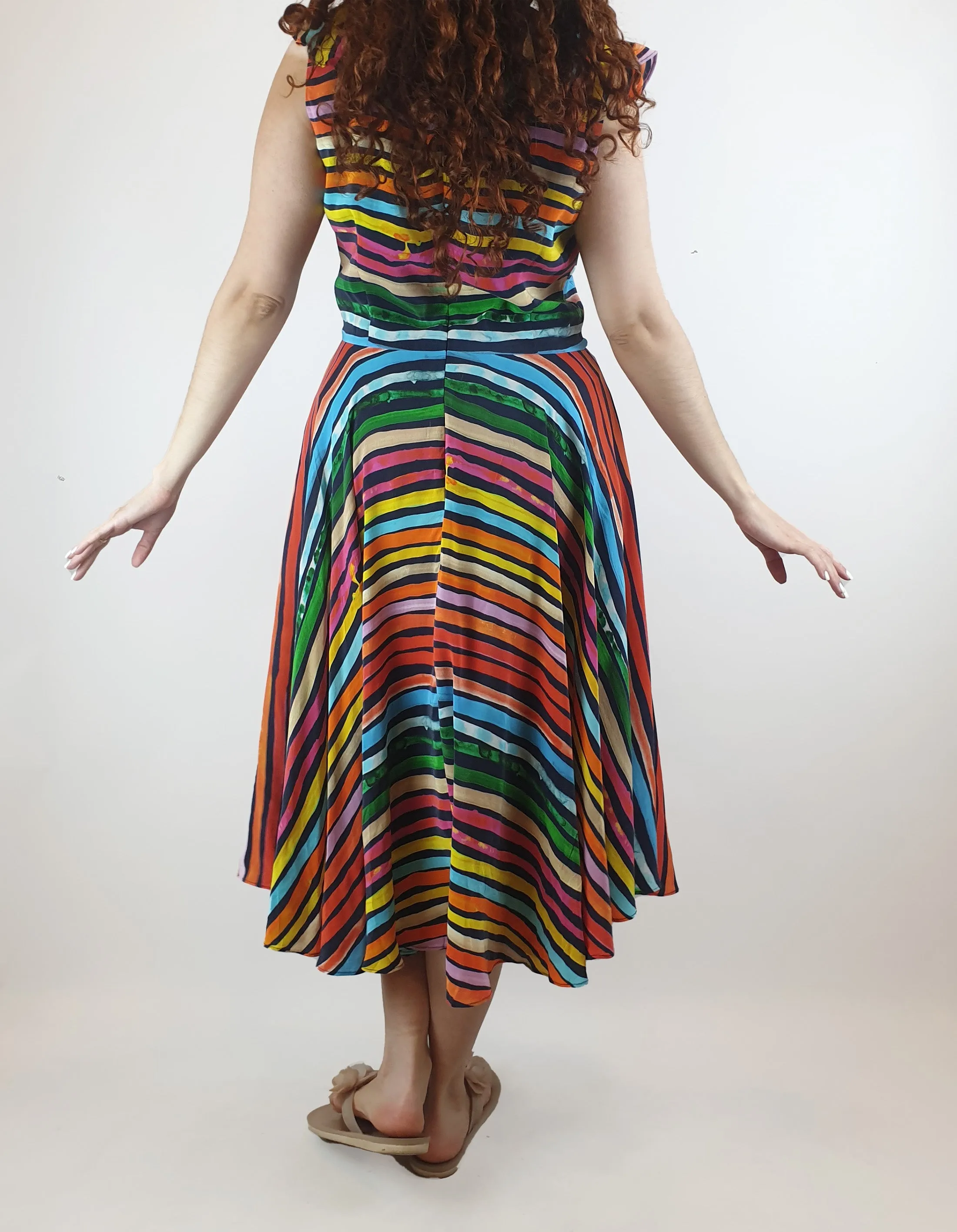 Gorman x Khindah Khalidy Stunning silk mix colourful striped sleeveless dress size 10