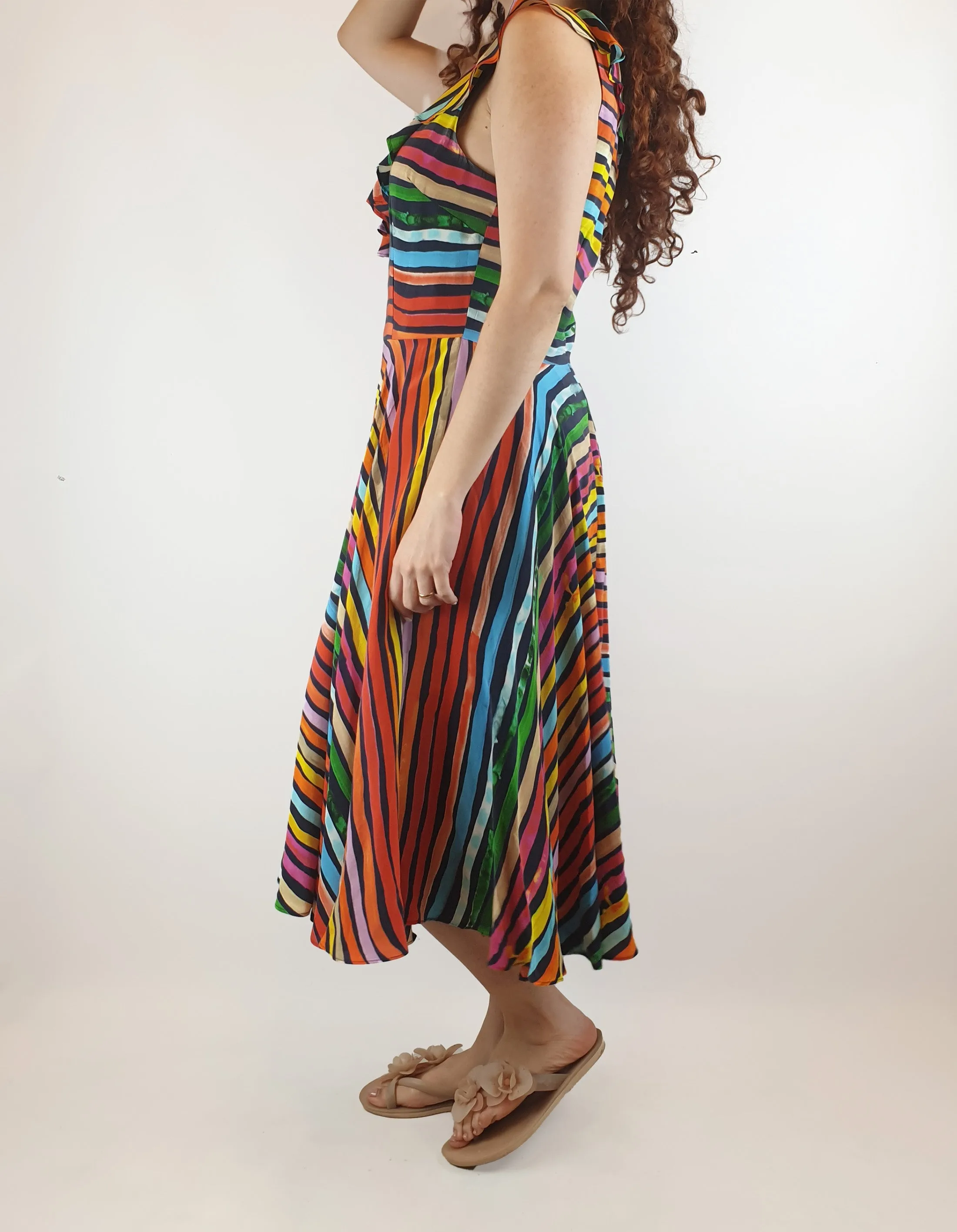 Gorman x Khindah Khalidy Stunning silk mix colourful striped sleeveless dress size 10