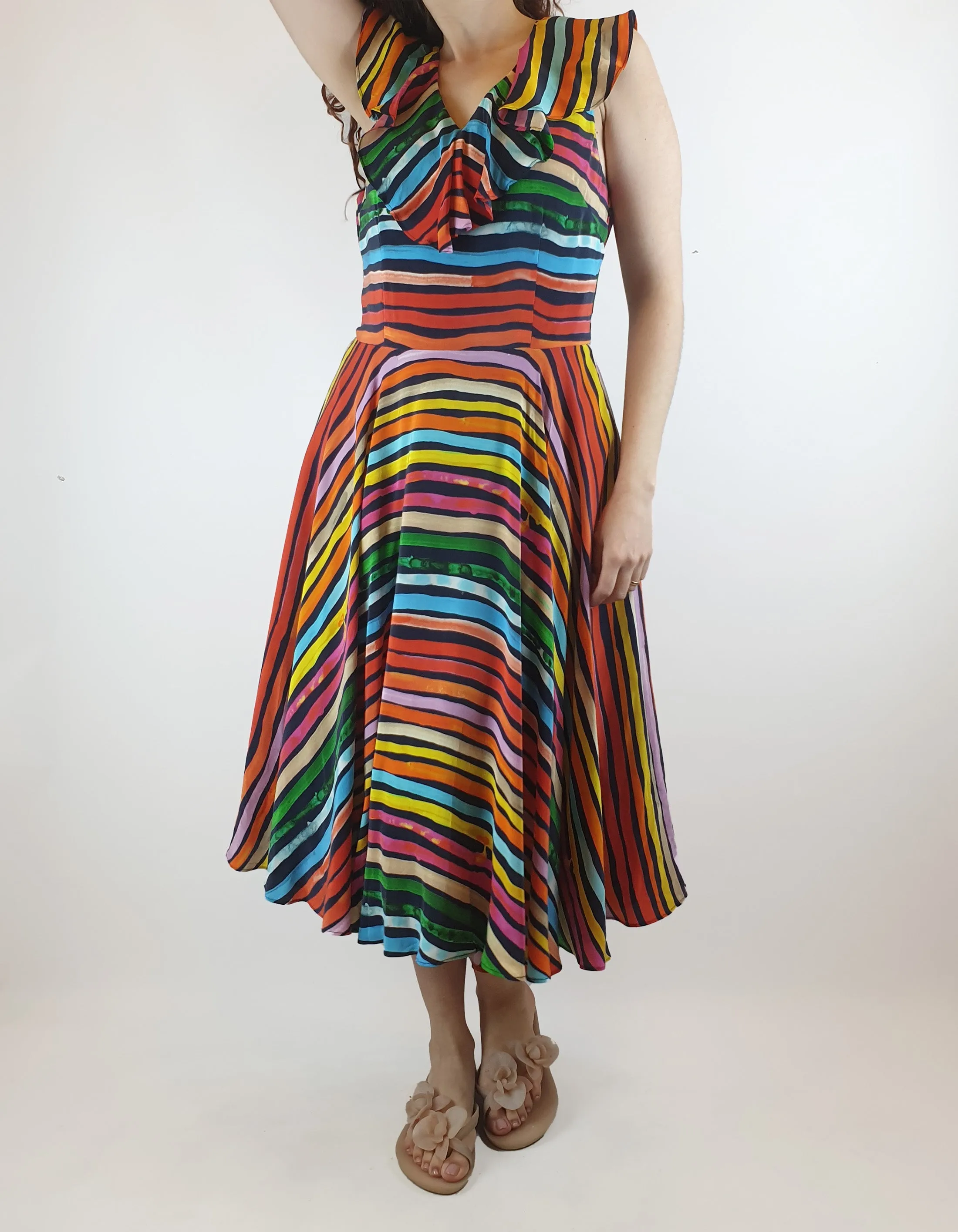 Gorman x Khindah Khalidy Stunning silk mix colourful striped sleeveless dress size 10