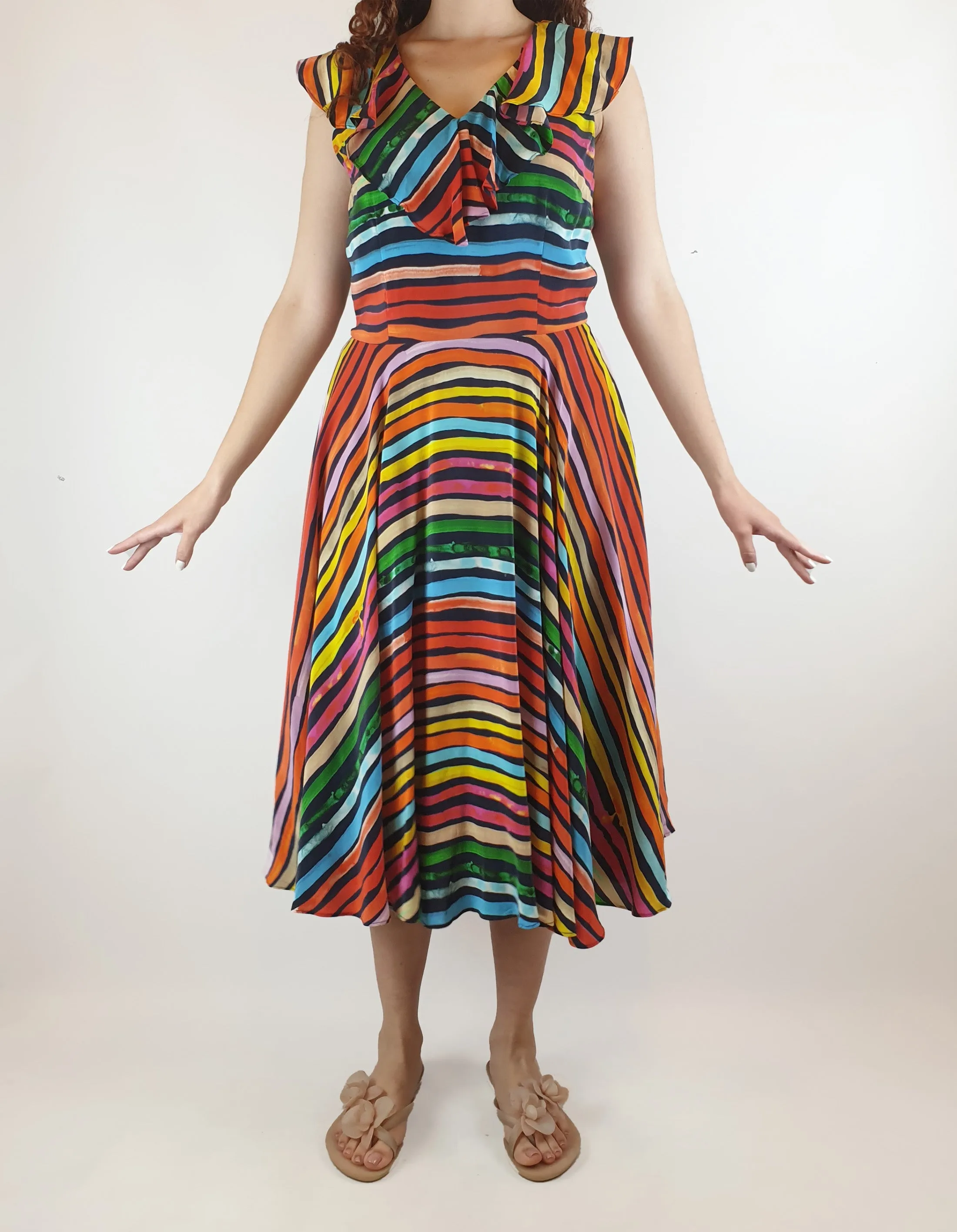 Gorman x Khindah Khalidy Stunning silk mix colourful striped sleeveless dress size 10