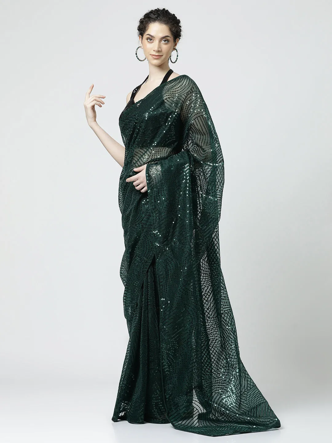 Green Sequin Embellished Georgette Saree
