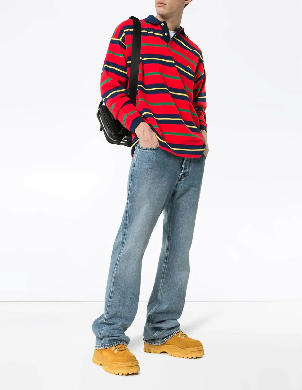 Gucci Striped Long Sleeve Polo with Bee in Red