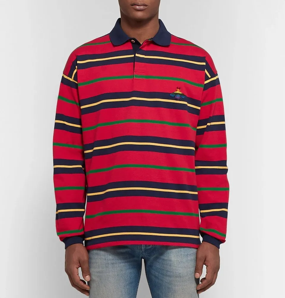 Gucci Striped Long Sleeve Polo with Bee in Red