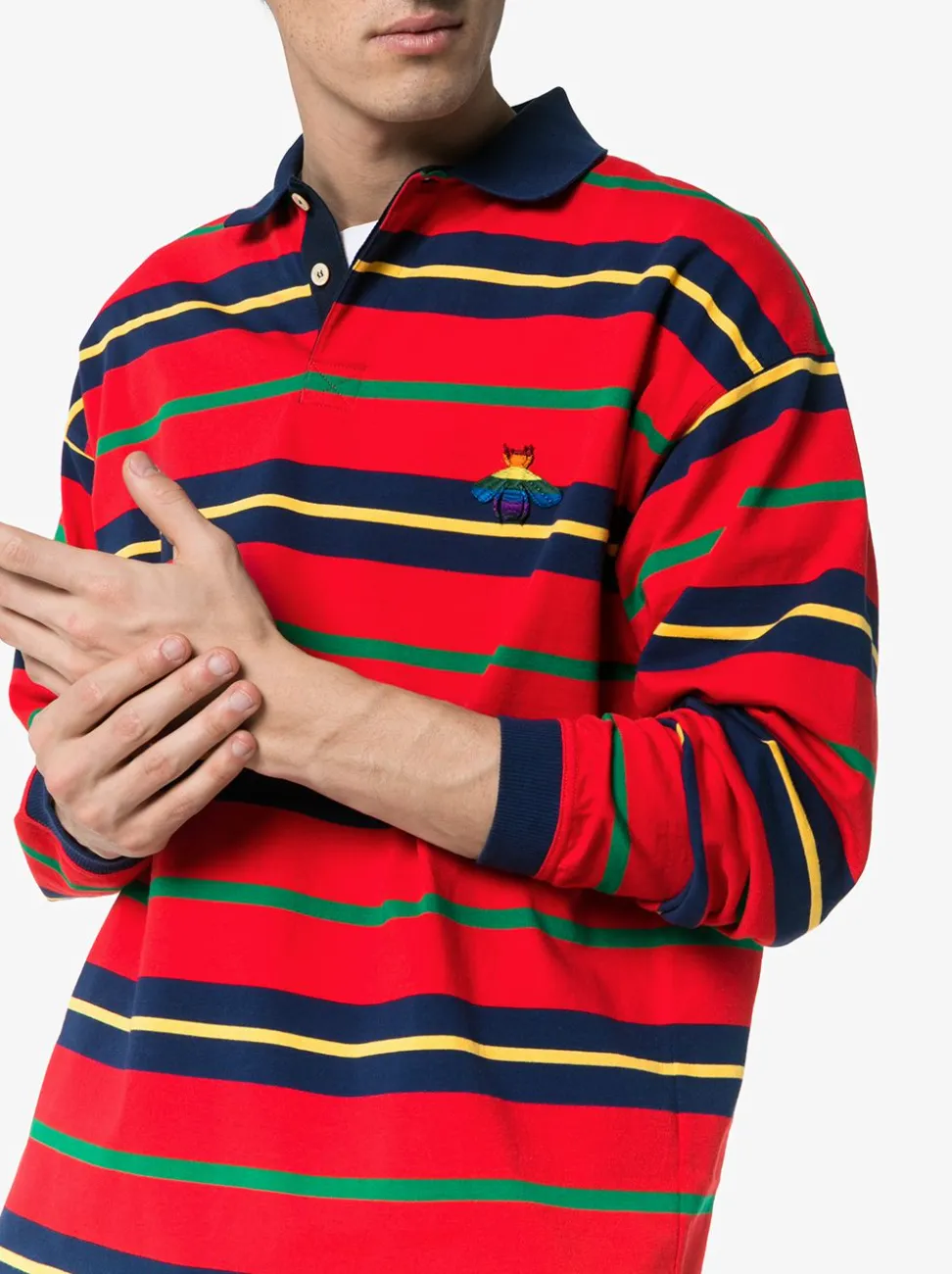 Gucci Striped Long Sleeve Polo with Bee in Red