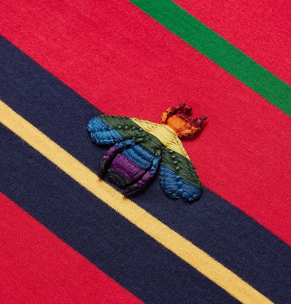 Gucci Striped Long Sleeve Polo with Bee in Red