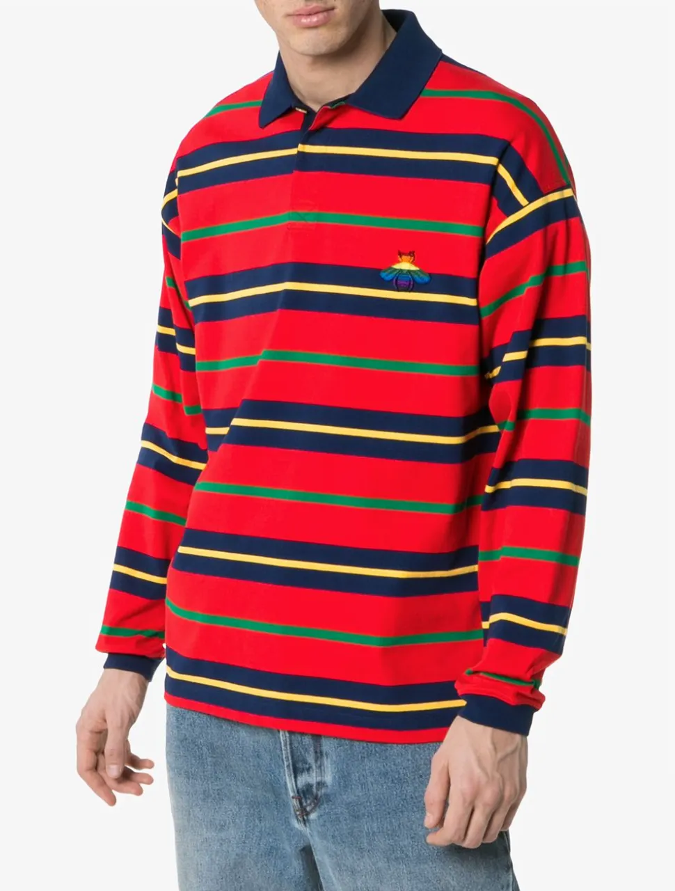 Gucci Striped Long Sleeve Polo with Bee in Red