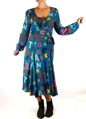 Harvest Lane green wrap dress with alphabet print size 8