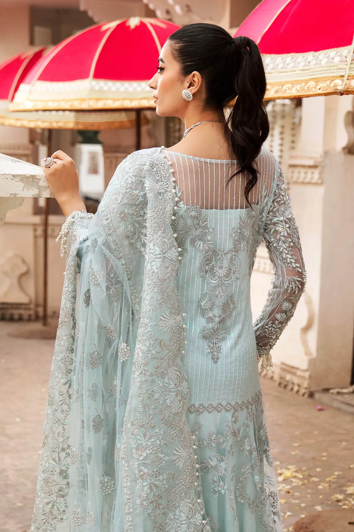 Heavily Embellished Aqua Blue Pakistani Party Dress in Pishwas Style