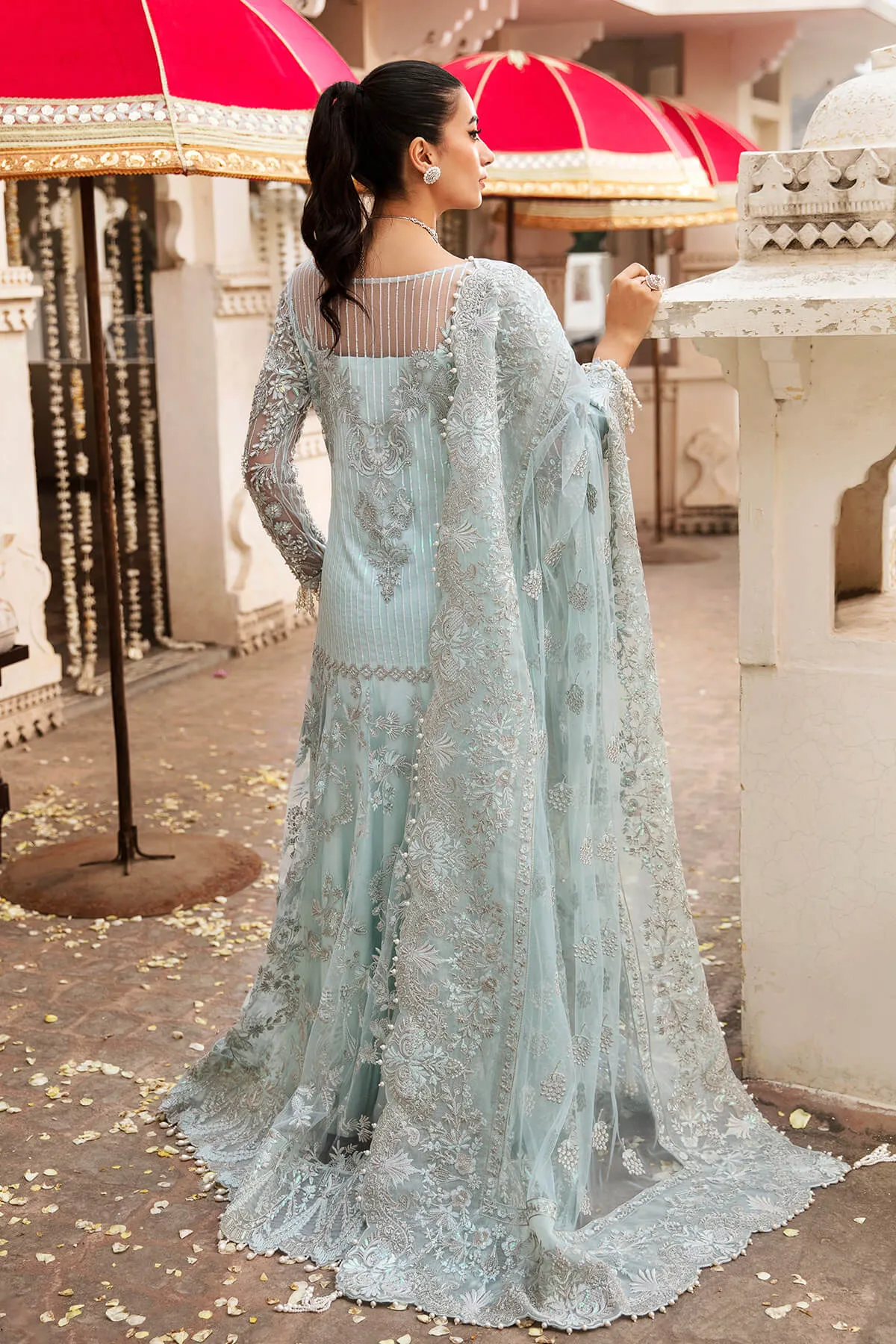 Heavily Embellished Aqua Blue Pakistani Party Dress in Pishwas Style