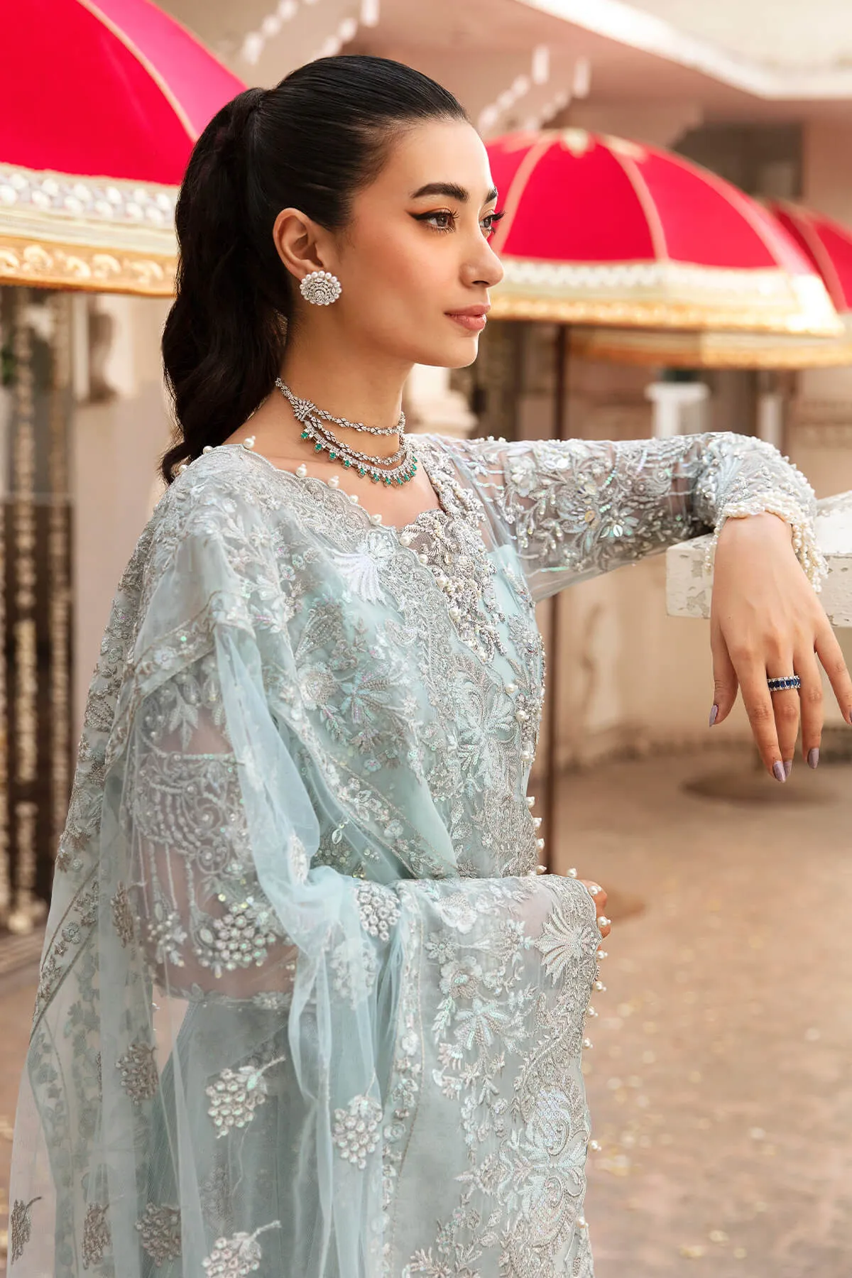Heavily Embellished Aqua Blue Pakistani Party Dress in Pishwas Style