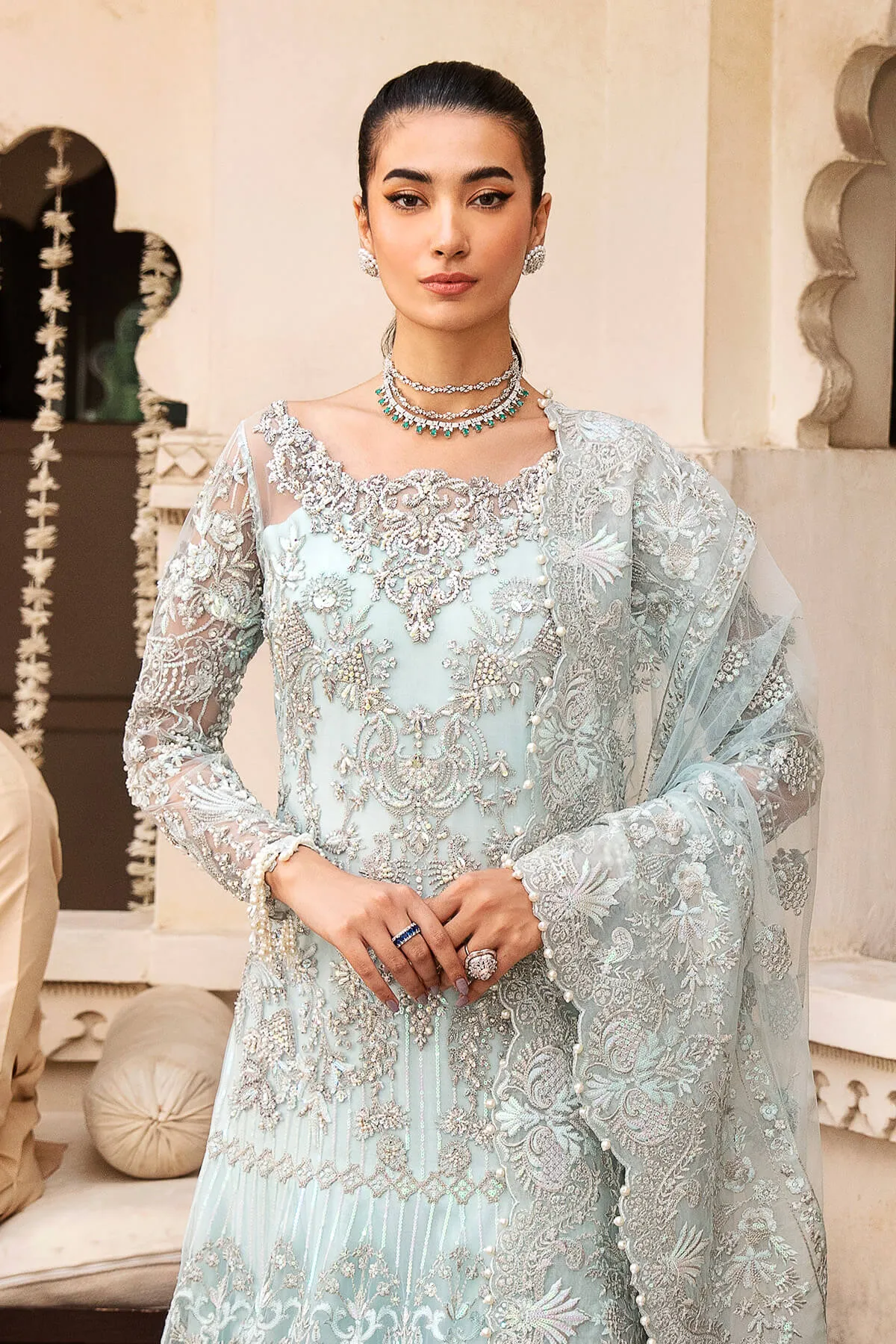 Heavily Embellished Aqua Blue Pakistani Party Dress in Pishwas Style