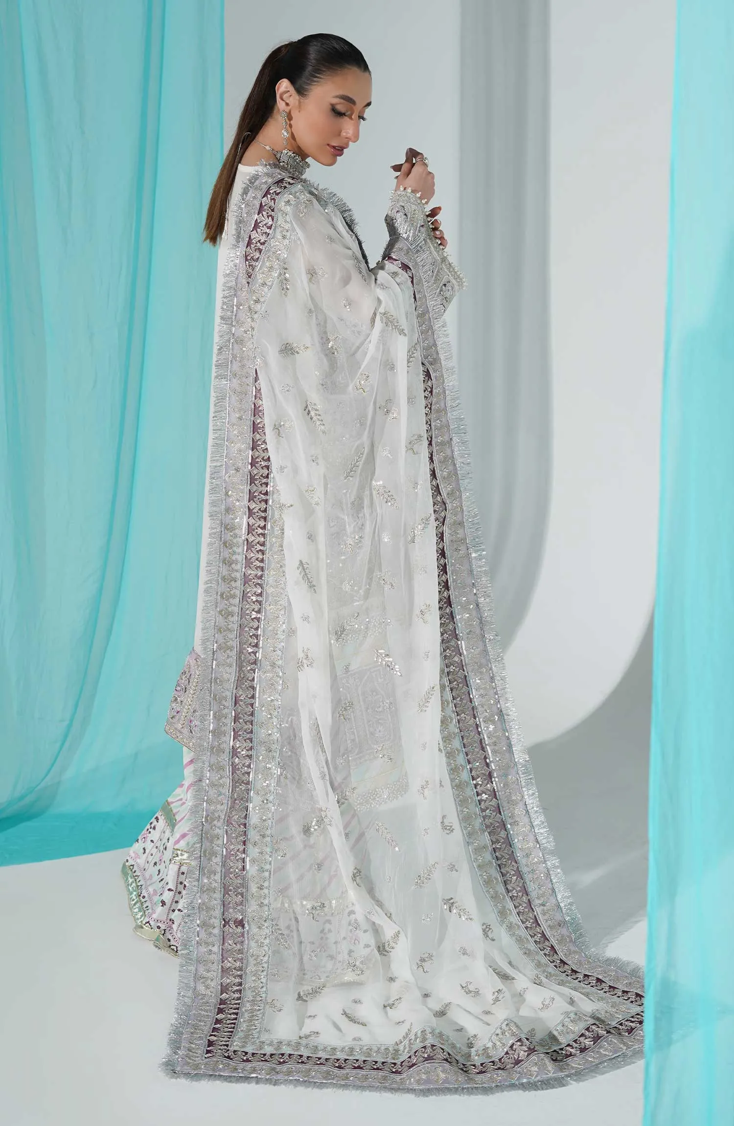 Heavily Embellished Silver Pakistani Long Kameez Sharara Wedding Dress