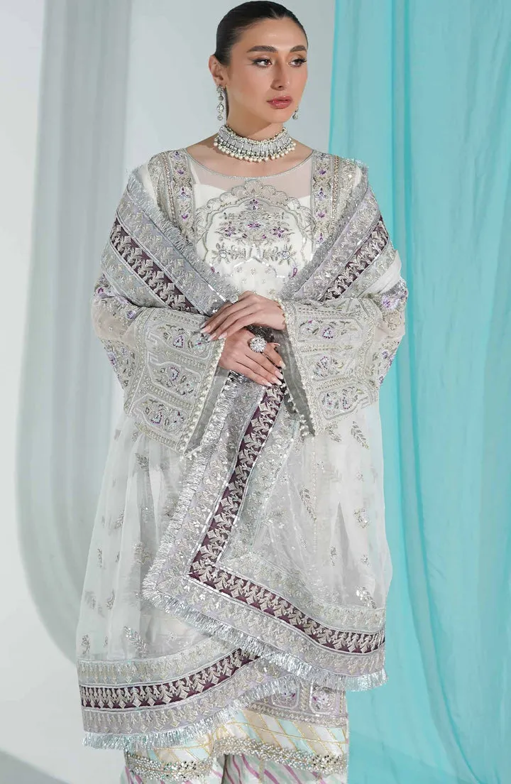 Heavily Embellished Silver Pakistani Long Kameez Sharara Wedding Dress