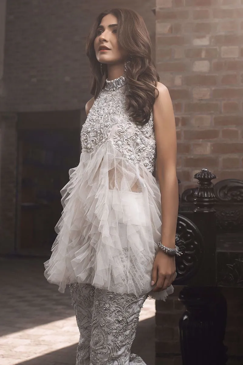 Heavy White Pakistani Party Dresses in Kameez Trouser