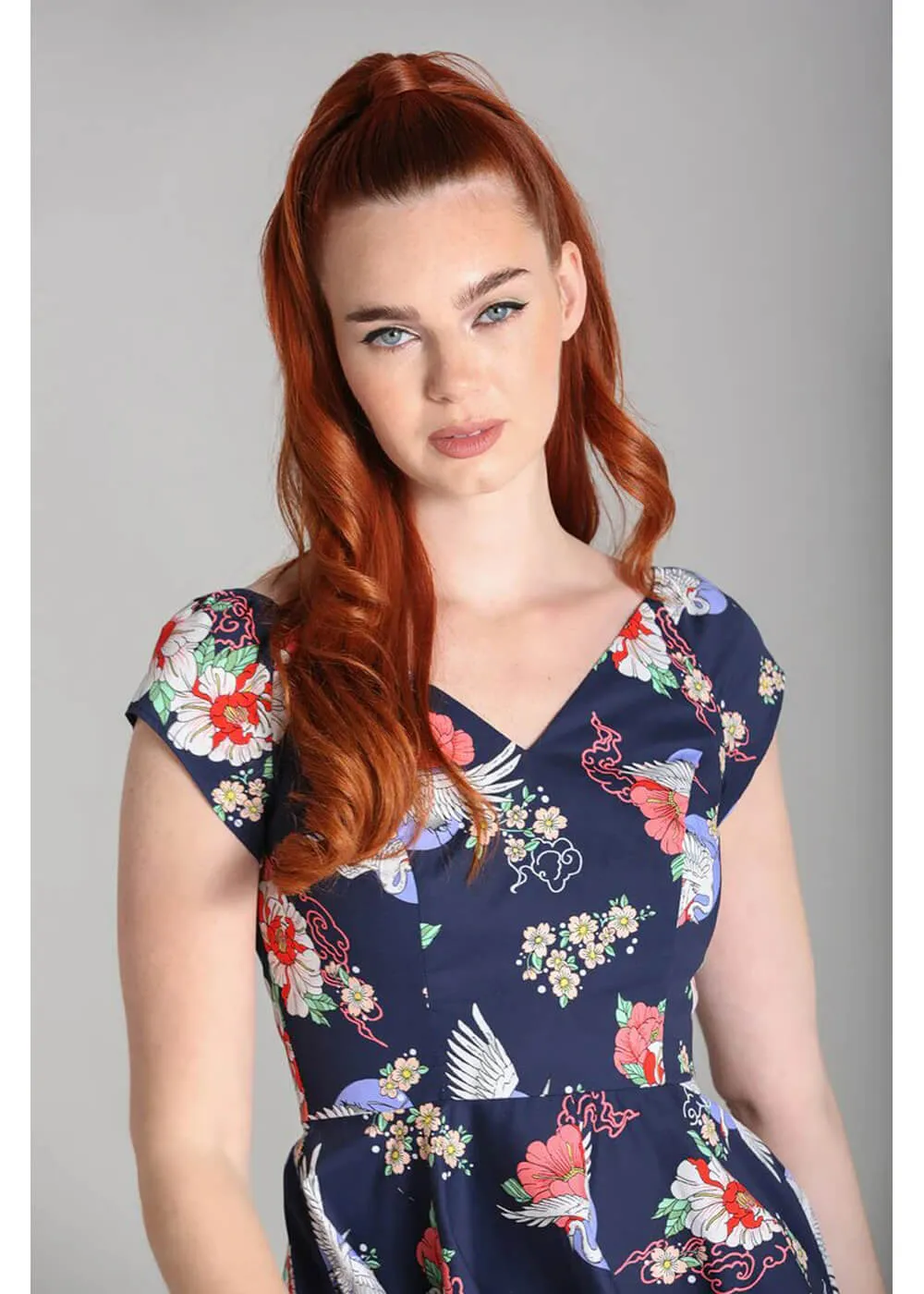 Hell Bunny Misa Cranes 50's Midi Swing Dress Navy
