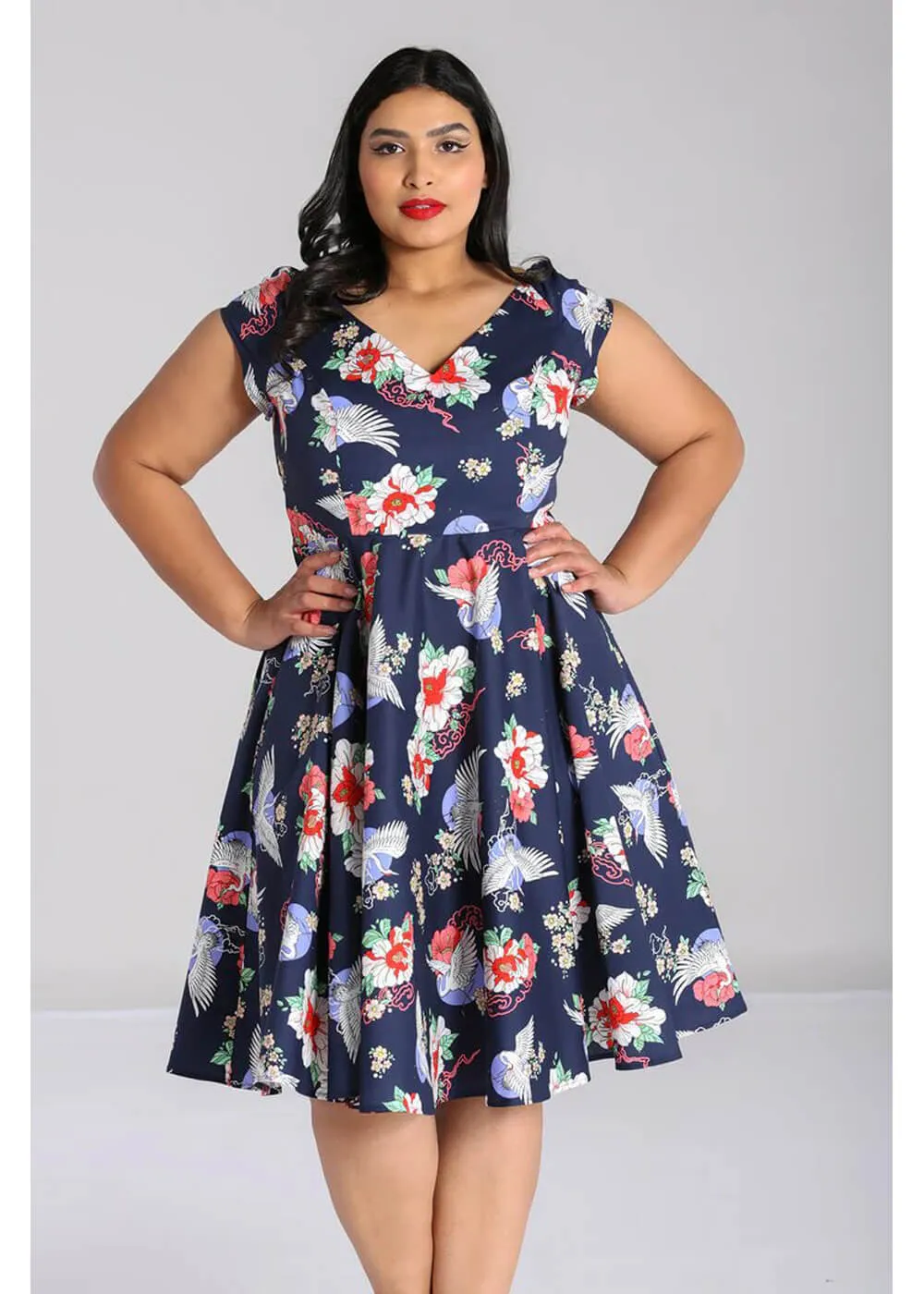 Hell Bunny Misa Cranes 50's Midi Swing Dress Navy