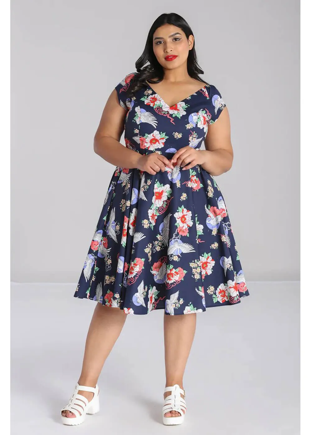 Hell Bunny Misa Cranes 50's Midi Swing Dress Navy
