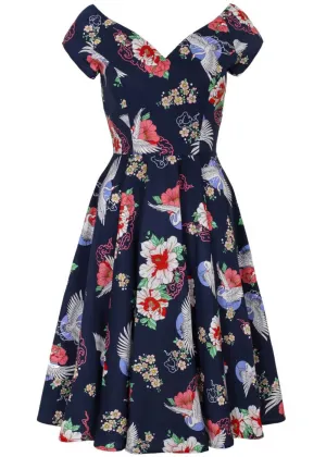 Hell Bunny Misa Cranes 50's Midi Swing Dress Navy