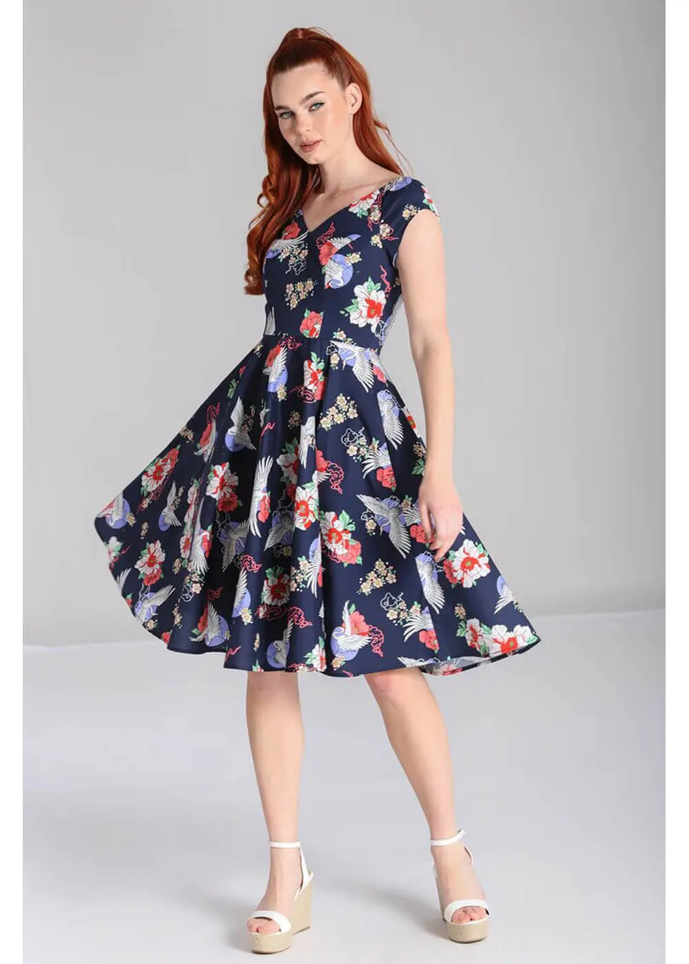 Hell Bunny Misa Cranes 50's Midi Swing Dress Navy