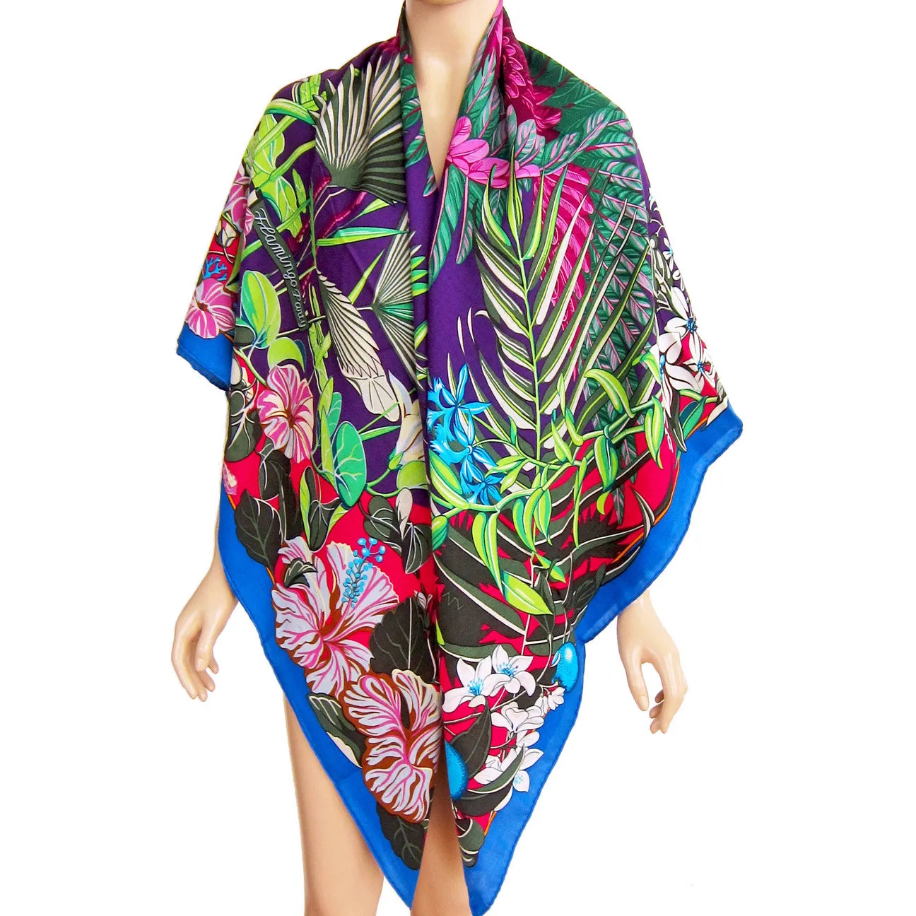 Hermes Flamingo Party Cashmere Silk GM Shawl 140cm Cobalt