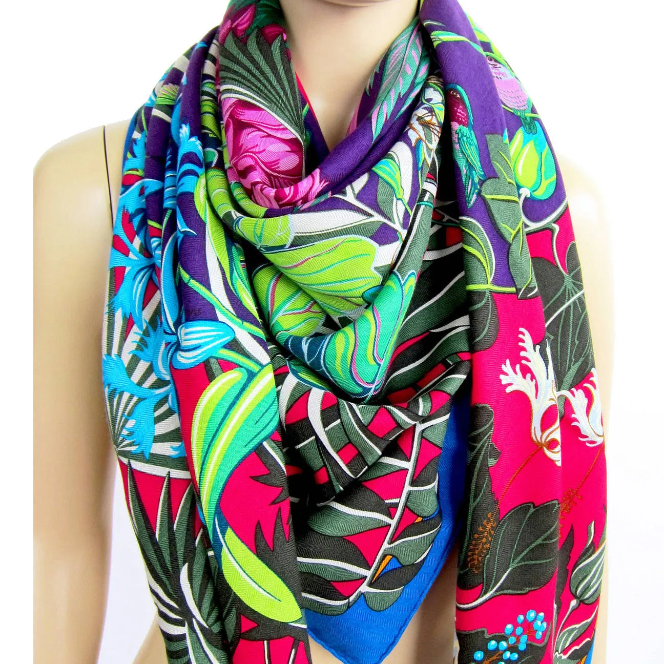 Hermes Flamingo Party Cashmere Silk GM Shawl 140cm Cobalt