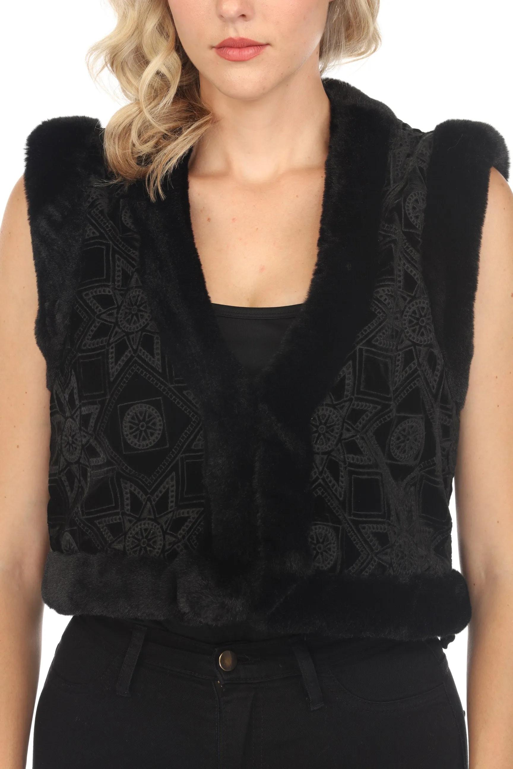 Johnny Was Jade Black Morningside Silk Faux Fur Vest Boho Chic L57623-O