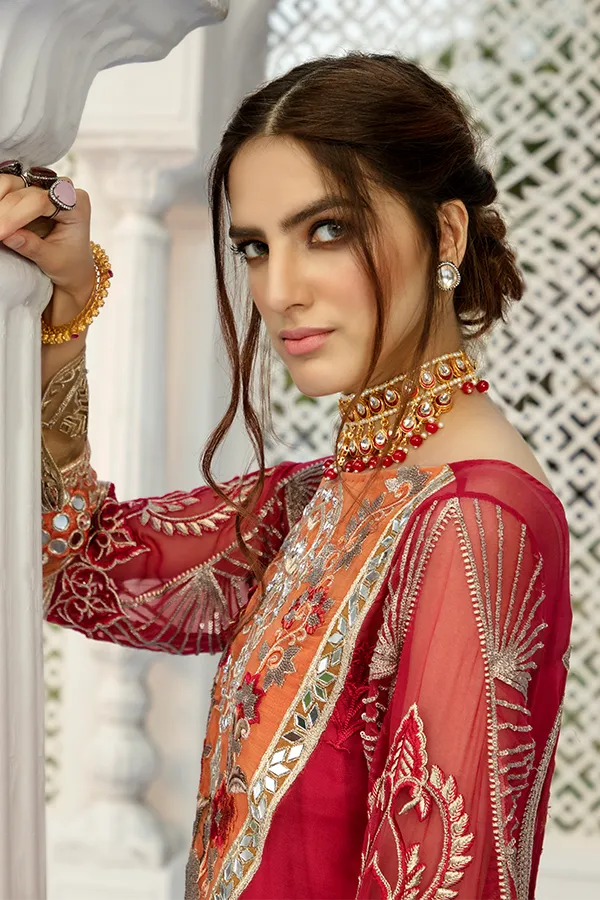 Latest Chiffon Mirror Work Dress In Rust Maroon Combination # CA114