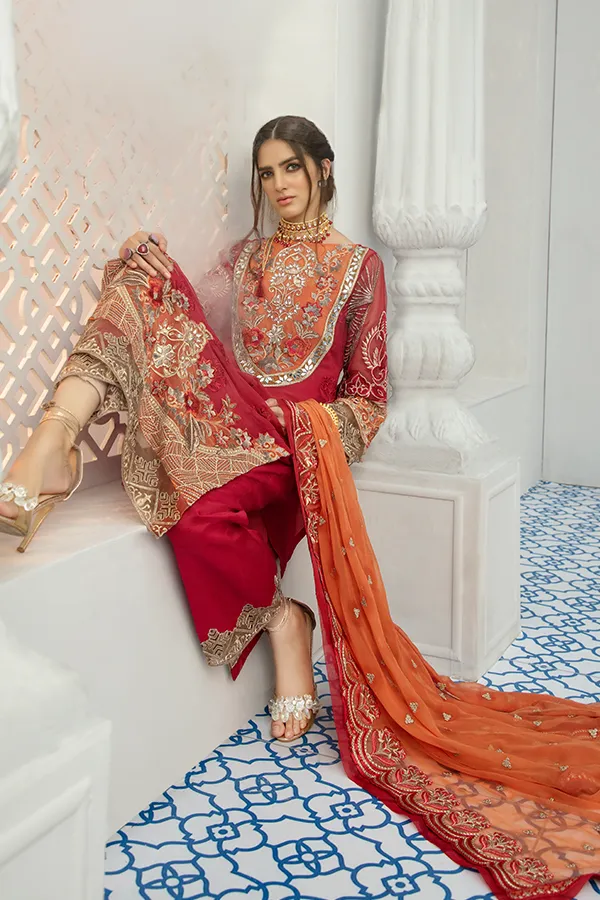 Latest Chiffon Mirror Work Dress In Rust Maroon Combination # CA114