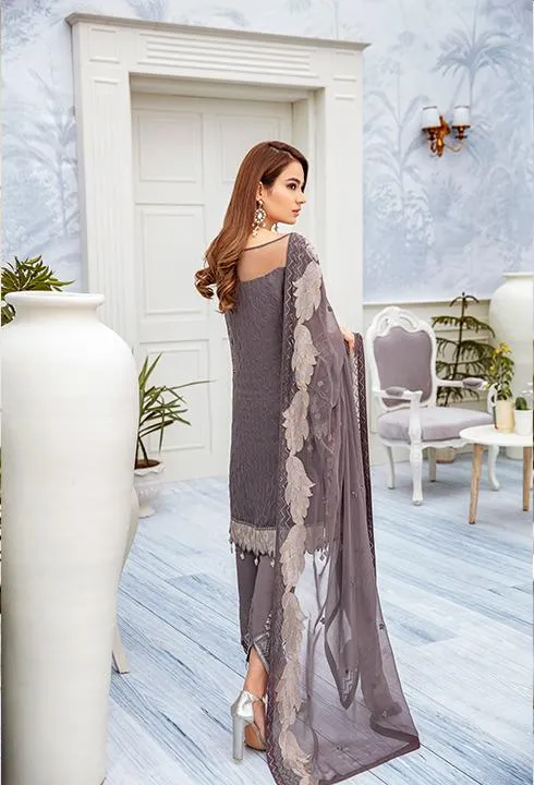 Latest embroidered chiffon outfit 2020 online in elegant grey color # P2519